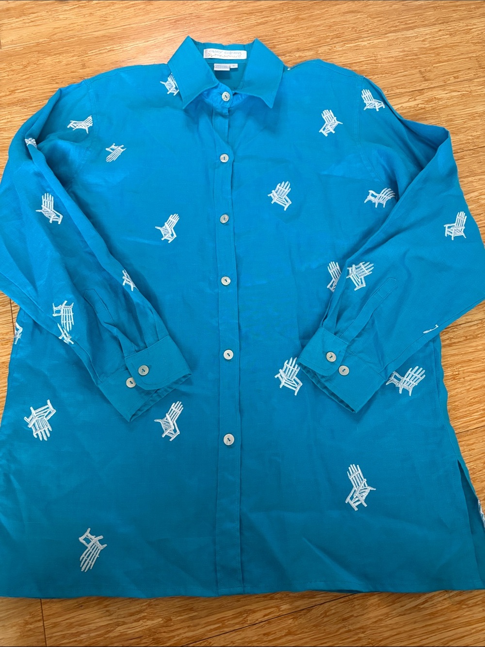 Casey Coleman Vintage 100% Linen Embroidered Adirondack Chair Blouse Medium